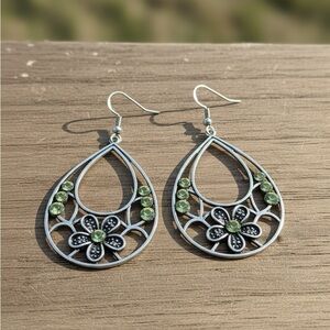 Elegant Silver and Green Floral Earrings